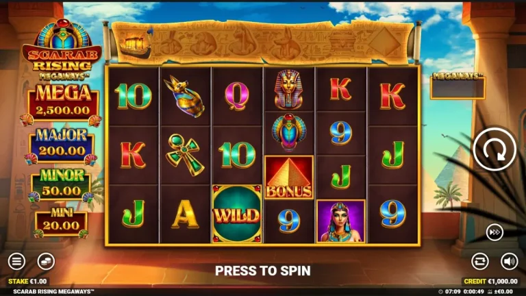 Tampilan visual slot Scarab Rising Megaways dengan tema Mesir Kuno