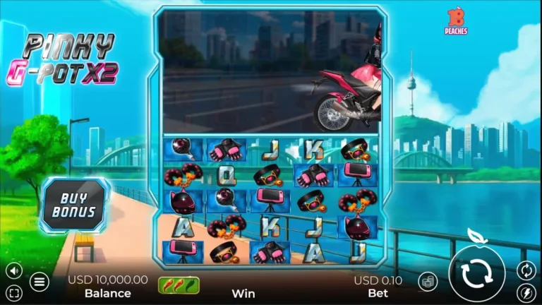 Tampilan neon futuristik dari slot Pinky G-Pot X2 dengan tema balap motor Seoul